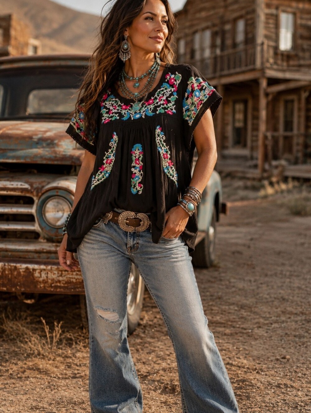 Entro Black Embroidered Boho Western Tunic Top 2X Plus Size
